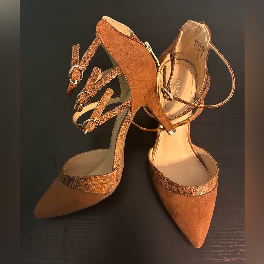 Close toe pumps, tan with snake skin trim